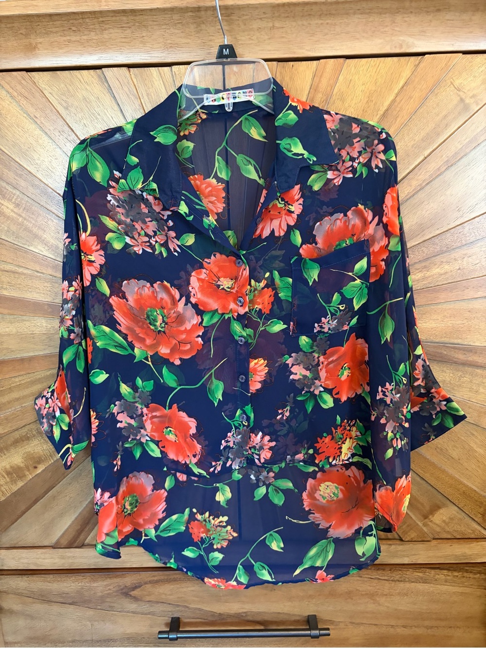 Navy Floral Button-Down Blouse with Red Bloom Print